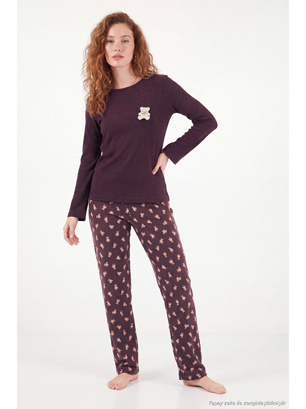 Kahverengi Yumuşak Dokulu Desenli Uzun Kollu Kadın Pijama Takımı 6575018-1