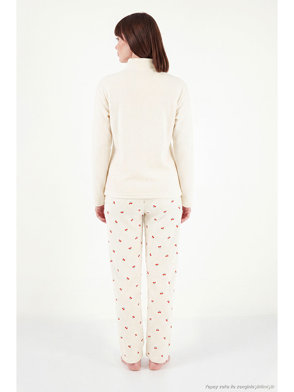 Ekru Desenli Yumuşak Dokulu Yarım Fermuarlı Dik Yaka Kadın Pijama Takımı 6575017-6