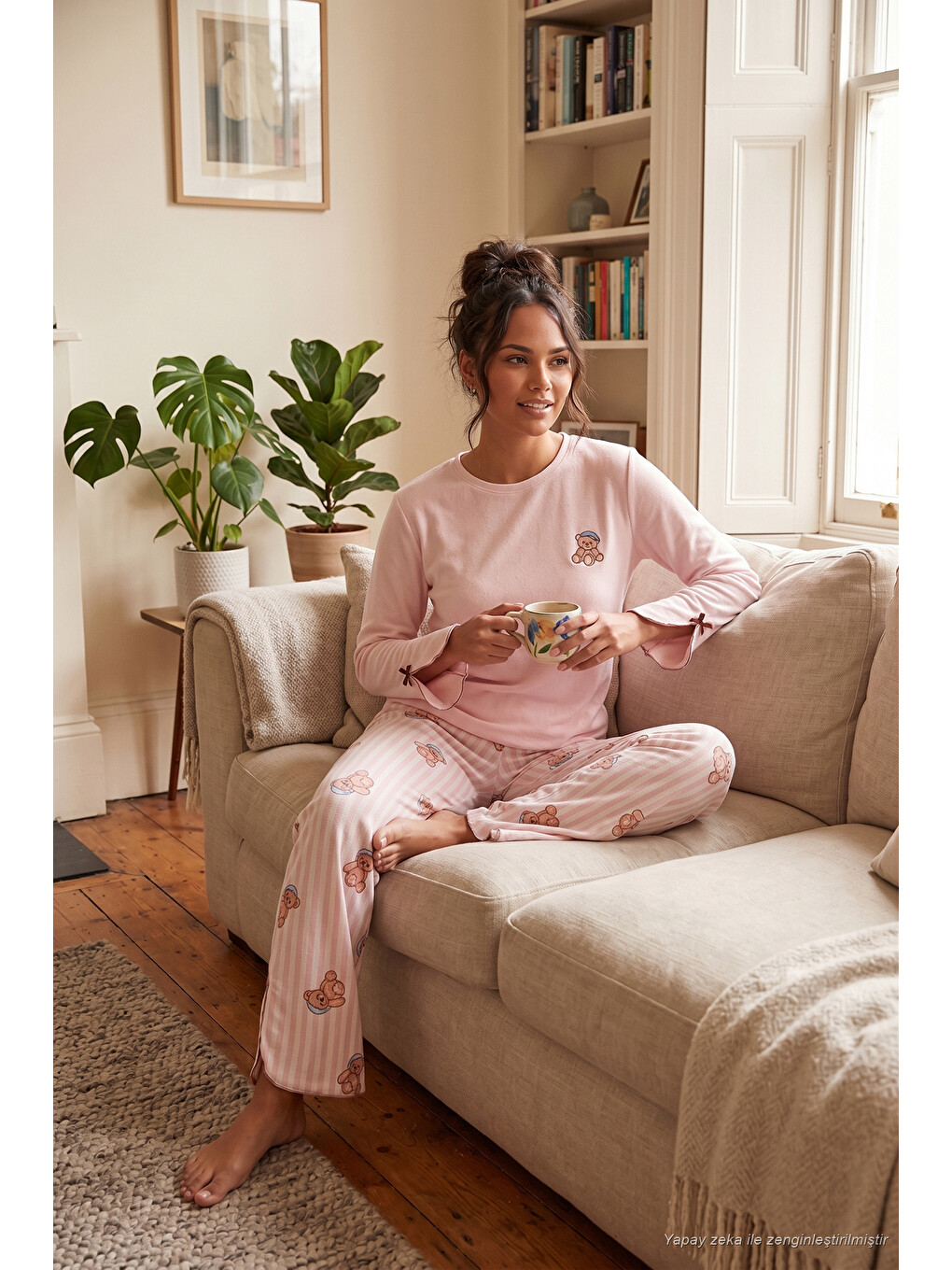 Pembe Ayıcık Desenli Lastikli Bel Uzun Kollu Yumuşak Dokulu Kadın Pijama Takımı 6575023