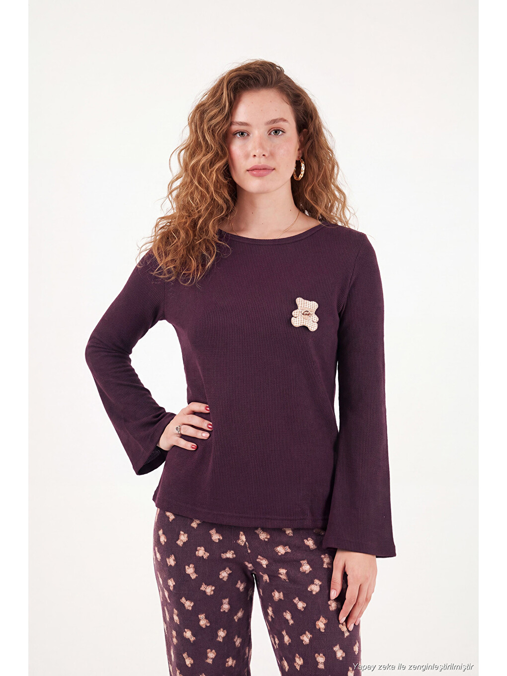Kahverengi Yumuşak Dokulu Desenli Uzun Kollu Kadın Pijama Takımı 6575018-2