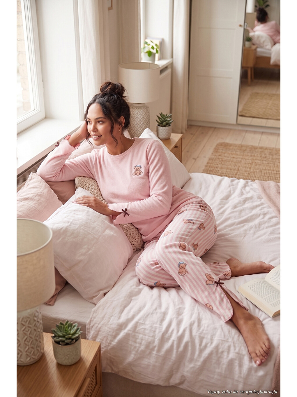 Pembe Ayıcık Desenli Lastikli Bel Uzun Kollu Yumuşak Dokulu Kadın Pijama Takımı 6575023-1