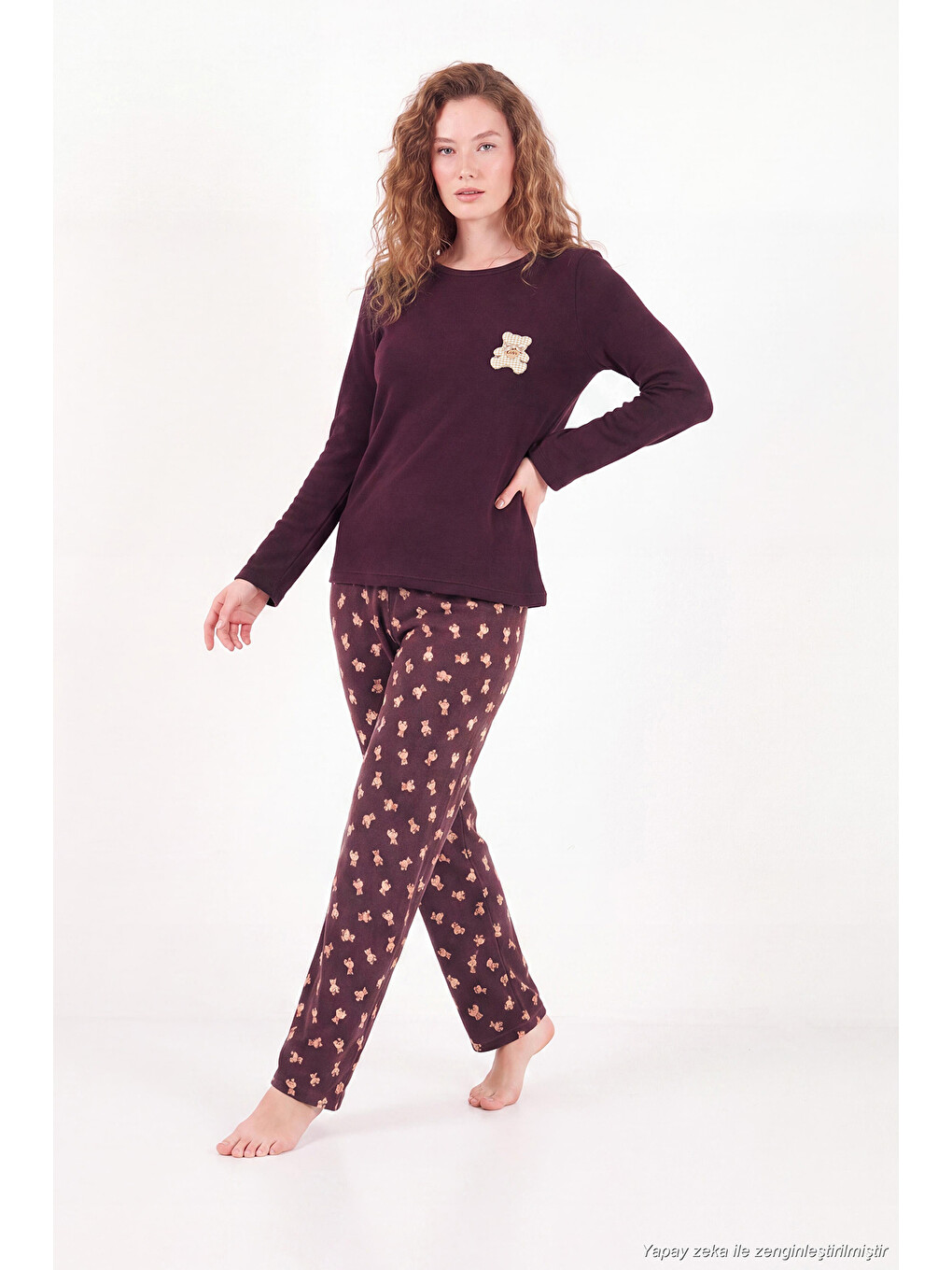 Kahverengi Yumuşak Dokulu Desenli Uzun Kollu Kadın Pijama Takımı 6575018-3