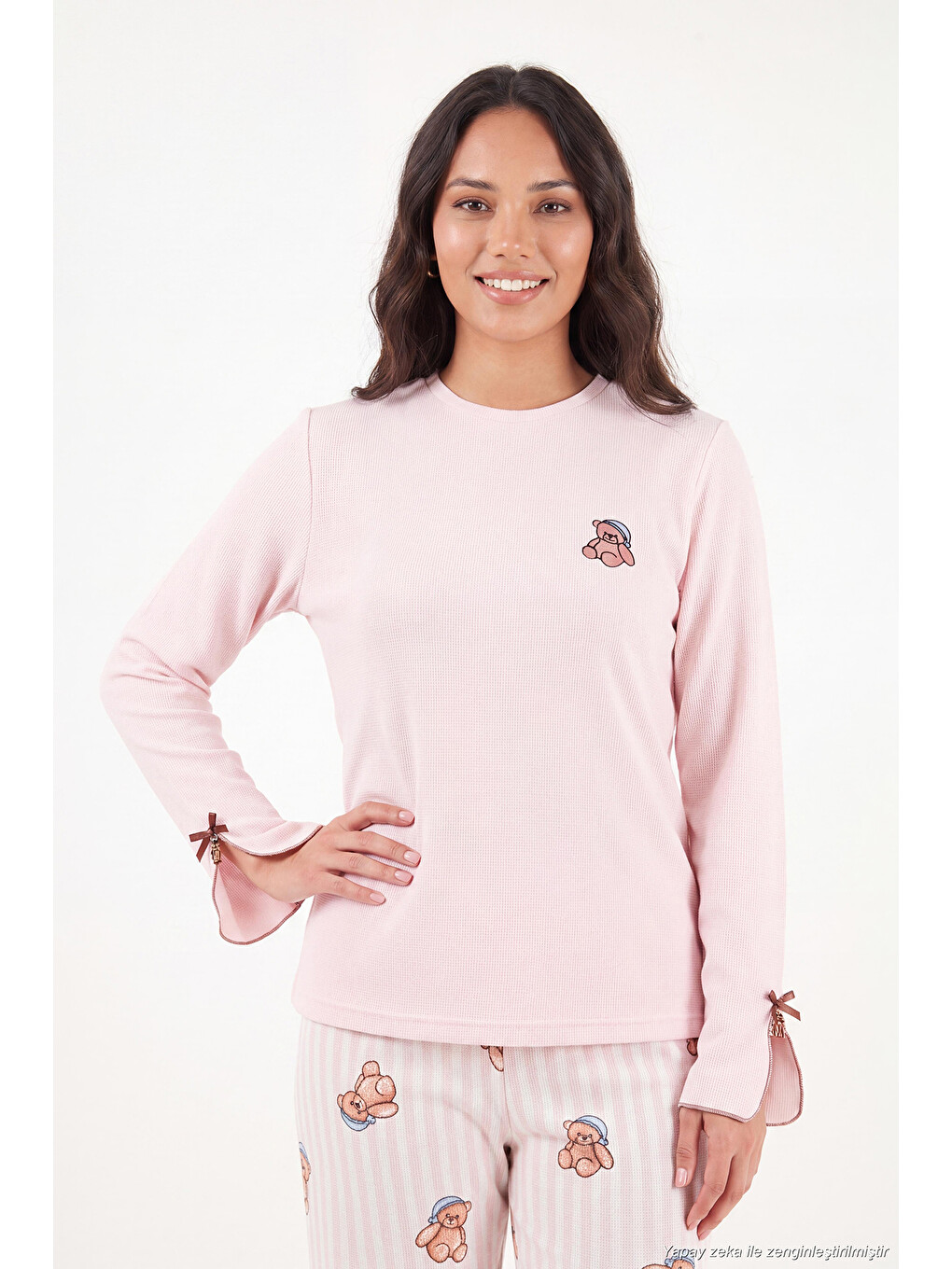 Pembe Ayıcık Desenli Lastikli Bel Uzun Kollu Yumuşak Dokulu Kadın Pijama Takımı 6575023-2