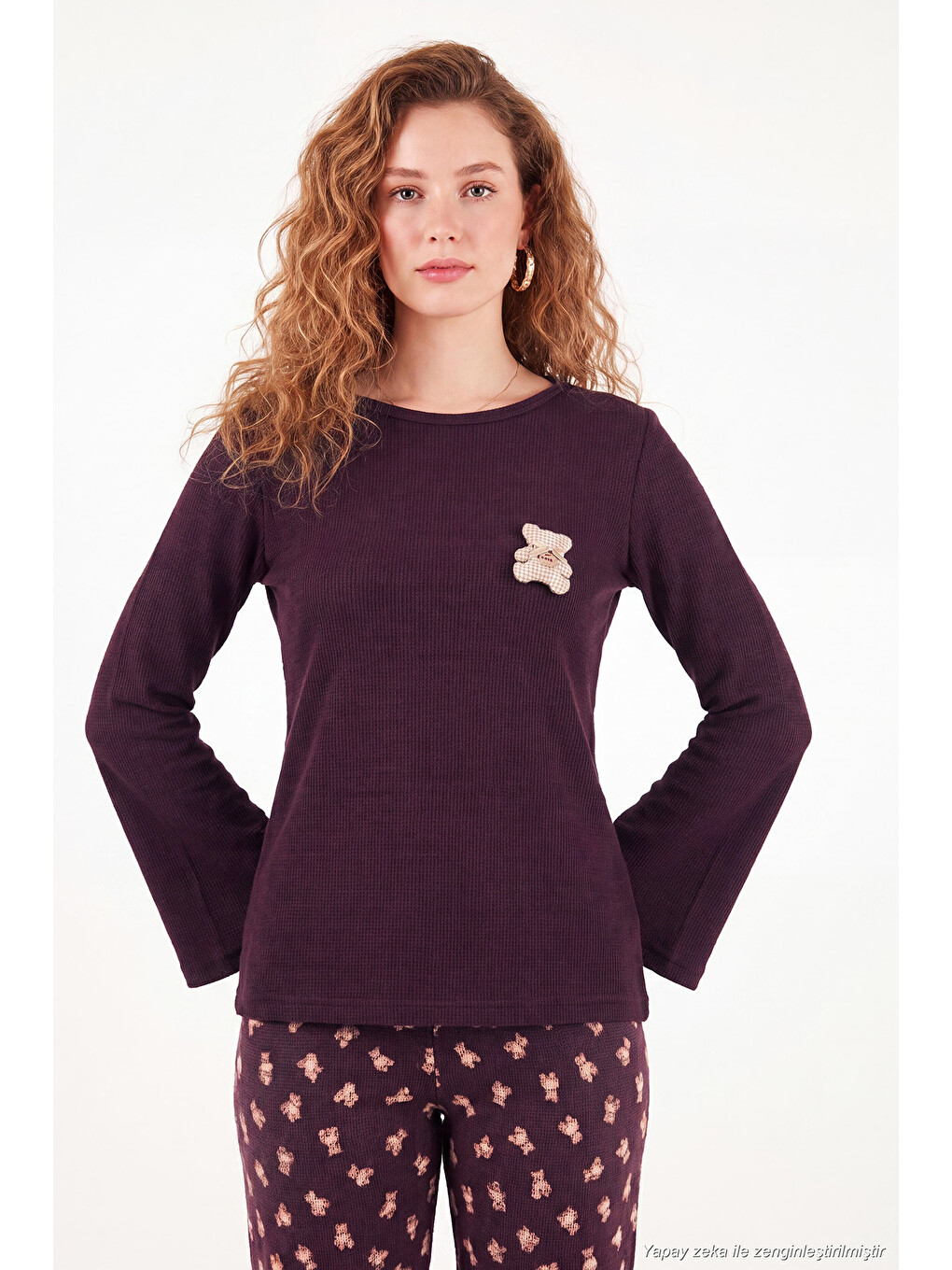 Kahverengi Yumuşak Dokulu Desenli Uzun Kollu Kadın Pijama Takımı 6575018-4