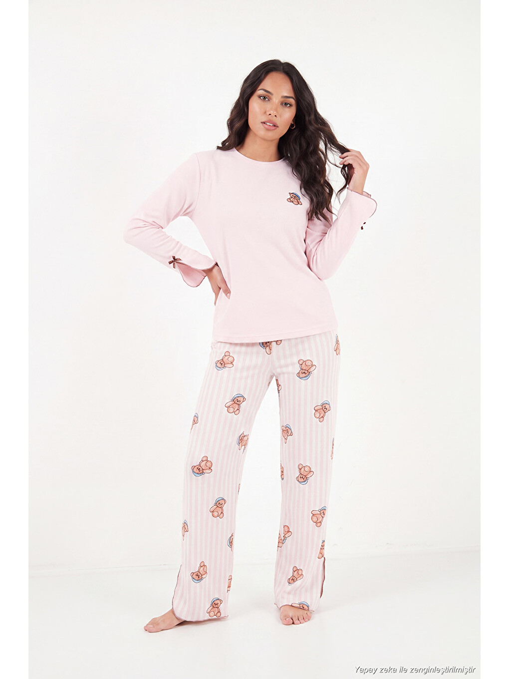 Pembe Ayıcık Desenli Lastikli Bel Uzun Kollu Yumuşak Dokulu Kadın Pijama Takımı 6575023-3
