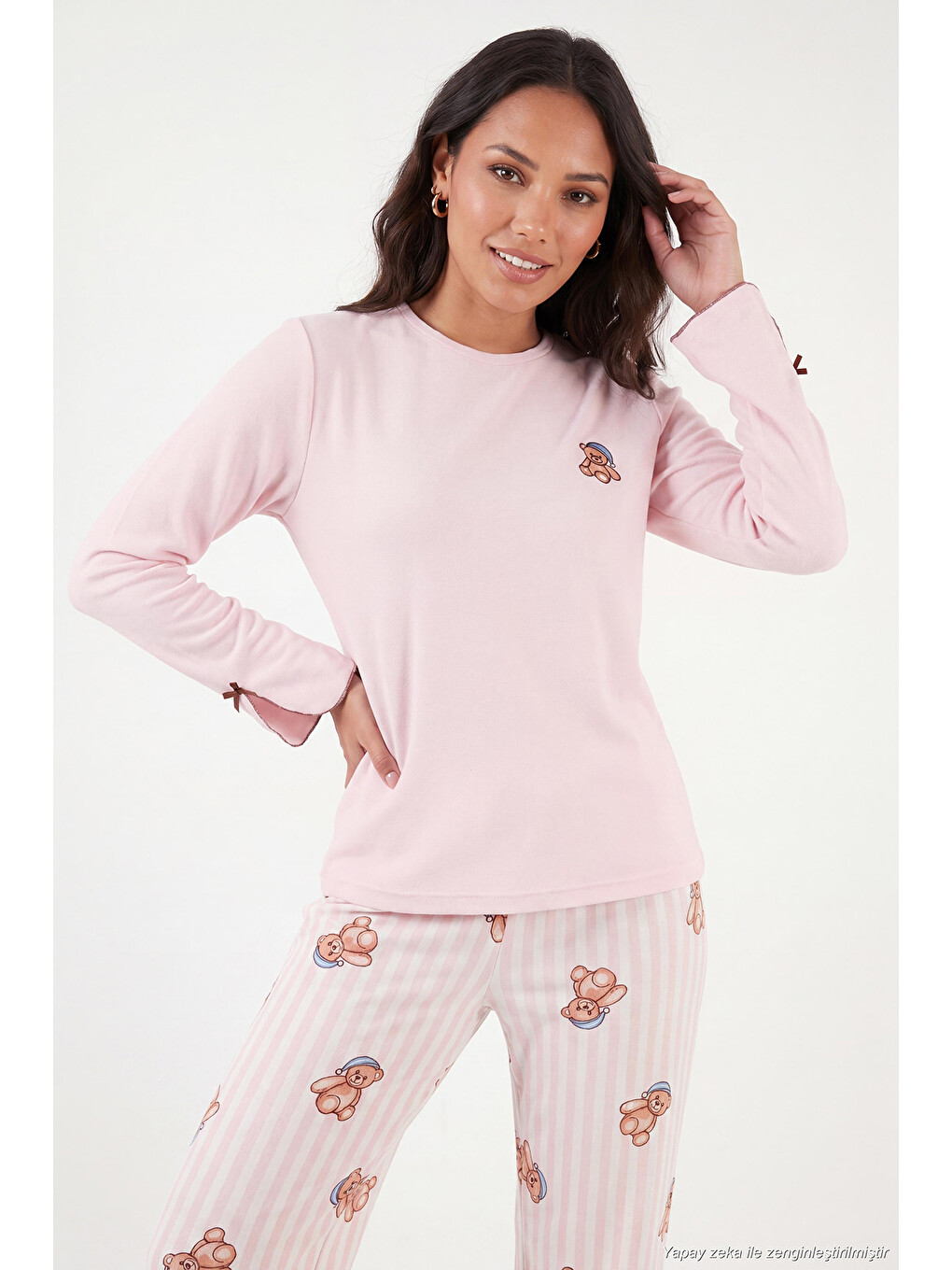 Pembe Ayıcık Desenli Lastikli Bel Uzun Kollu Yumuşak Dokulu Kadın Pijama Takımı 6575023-4