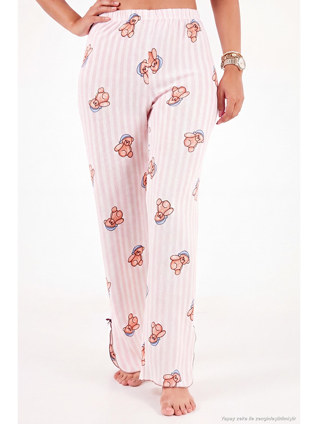 Pembe Ayıcık Desenli Lastikli Bel Uzun Kollu Yumuşak Dokulu Kadın Pijama Takımı 6575023-5