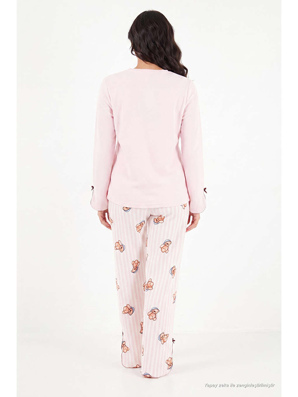 Pembe Ayıcık Desenli Lastikli Bel Uzun Kollu Yumuşak Dokulu Kadın Pijama Takımı 6575023-6