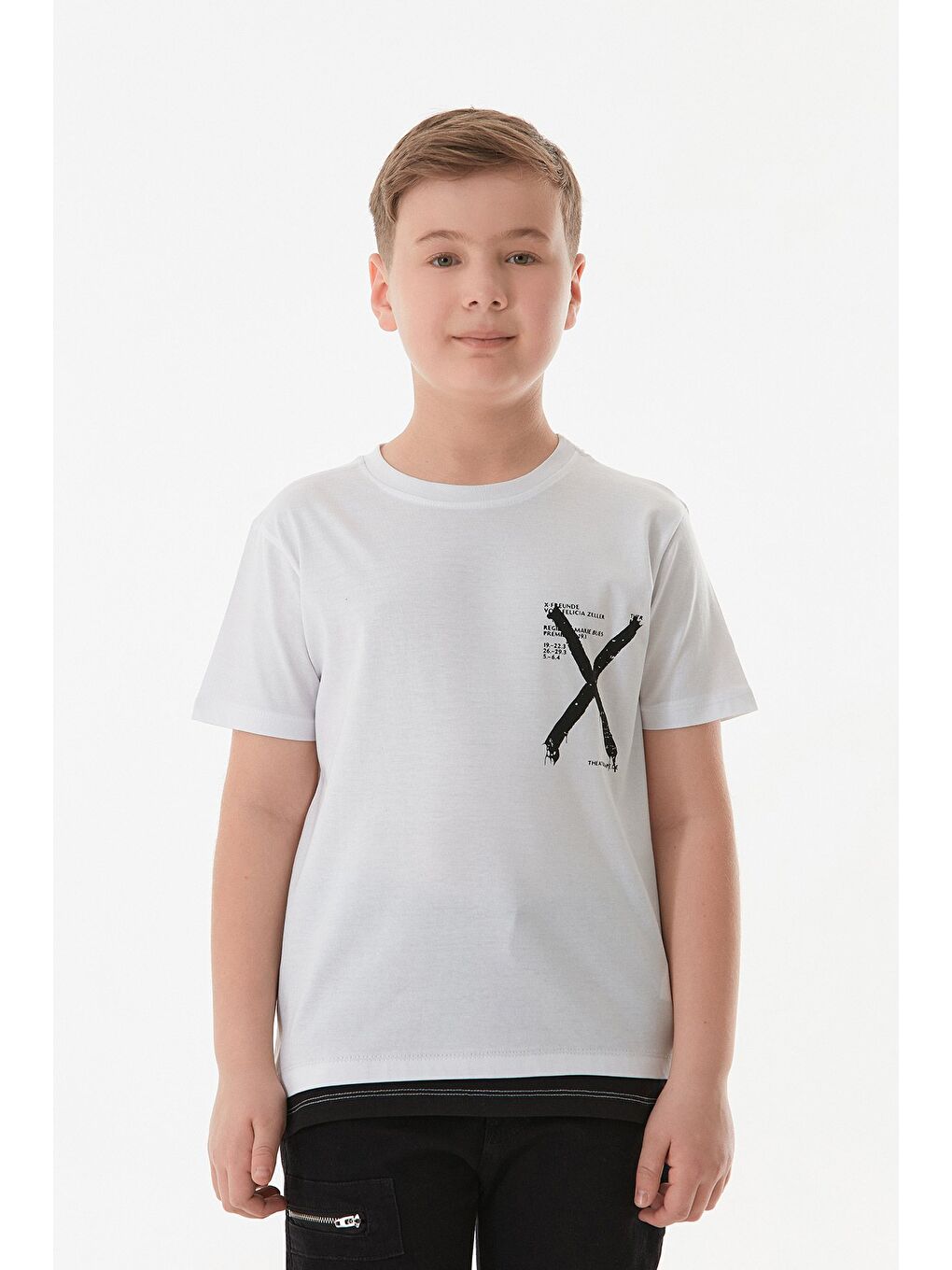 Beyaz %100 Pamuk X Baskılı Erkek Çocuk Tişört