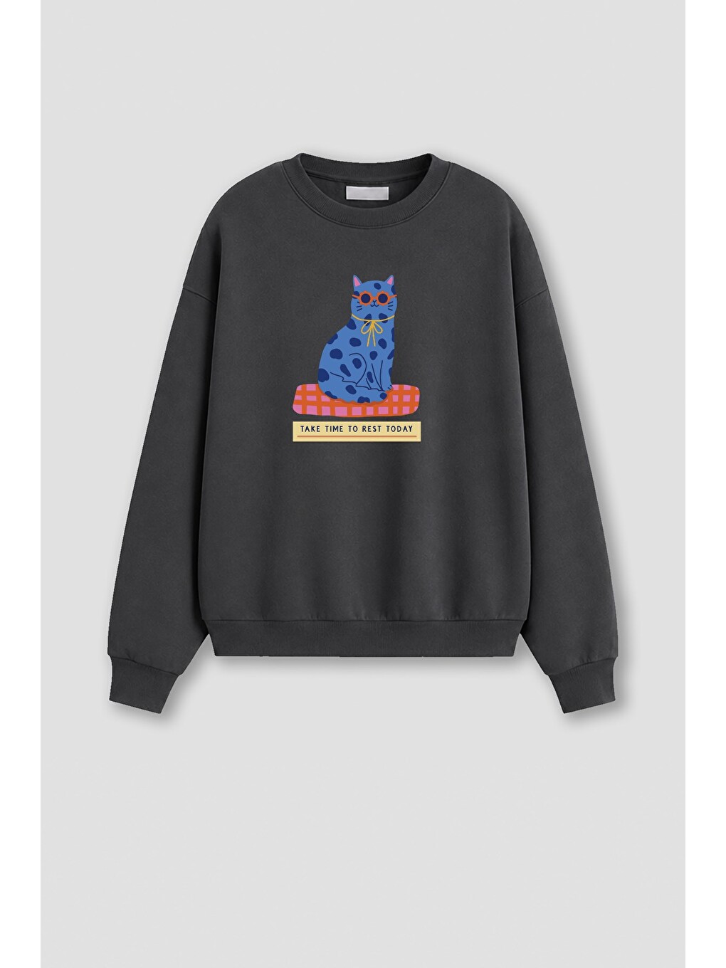 Antrasit Kadın Premium Kumaş 3 İplik Şardonlu Kedi Baskılı Sweatshirt