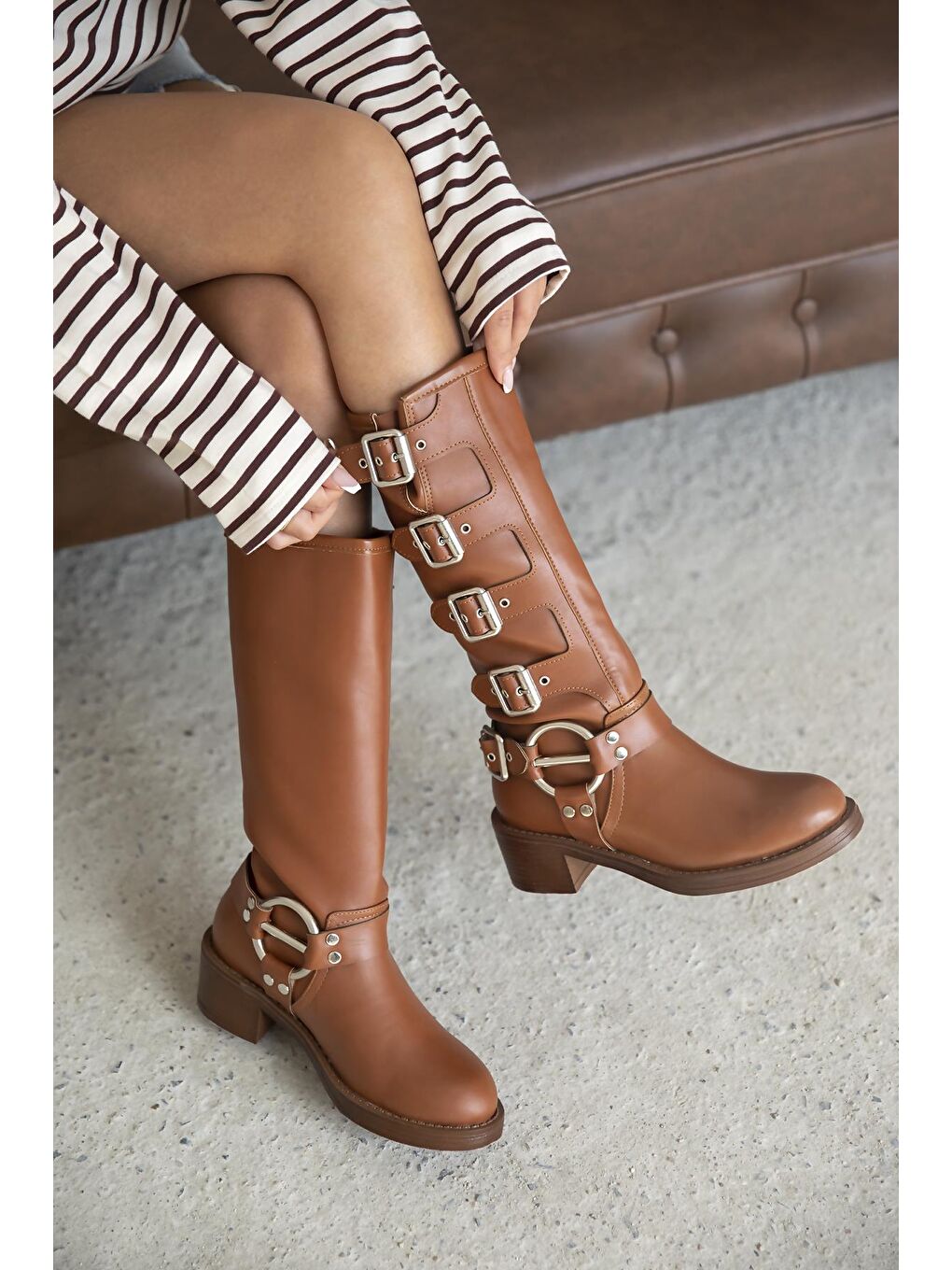 Kahverengi Kimberly Kadın Aksesuar Detay Deri Çizme Taba-1