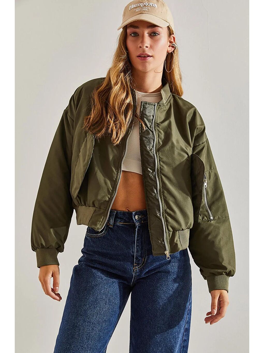 Haki Kadın Kolu Fermuarlı Bomber Mont