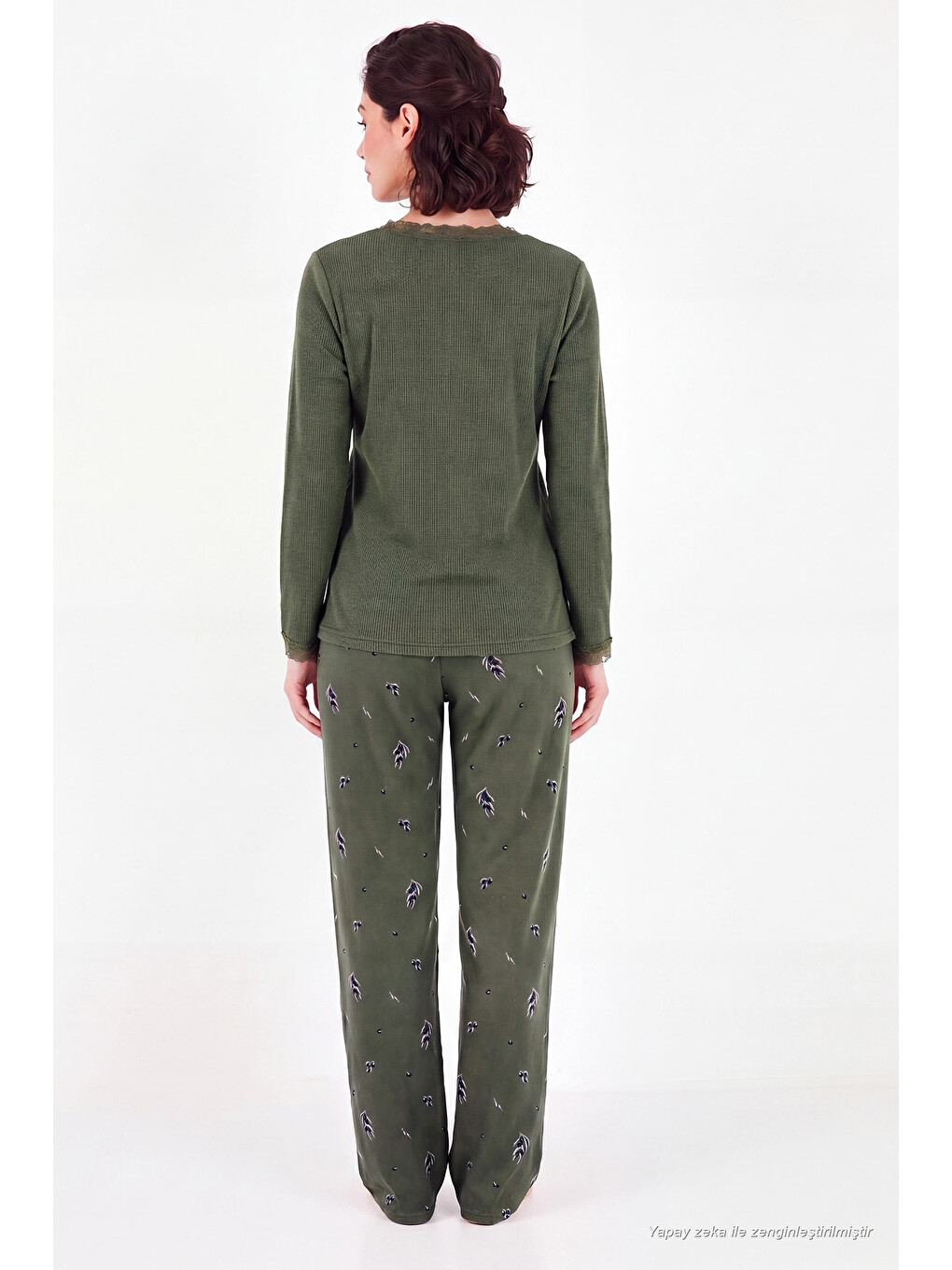 Haki Desenli Dantel Detaylı Bağlamalı Uzun Kollu Kadın Pijama Takımı 6575024-6