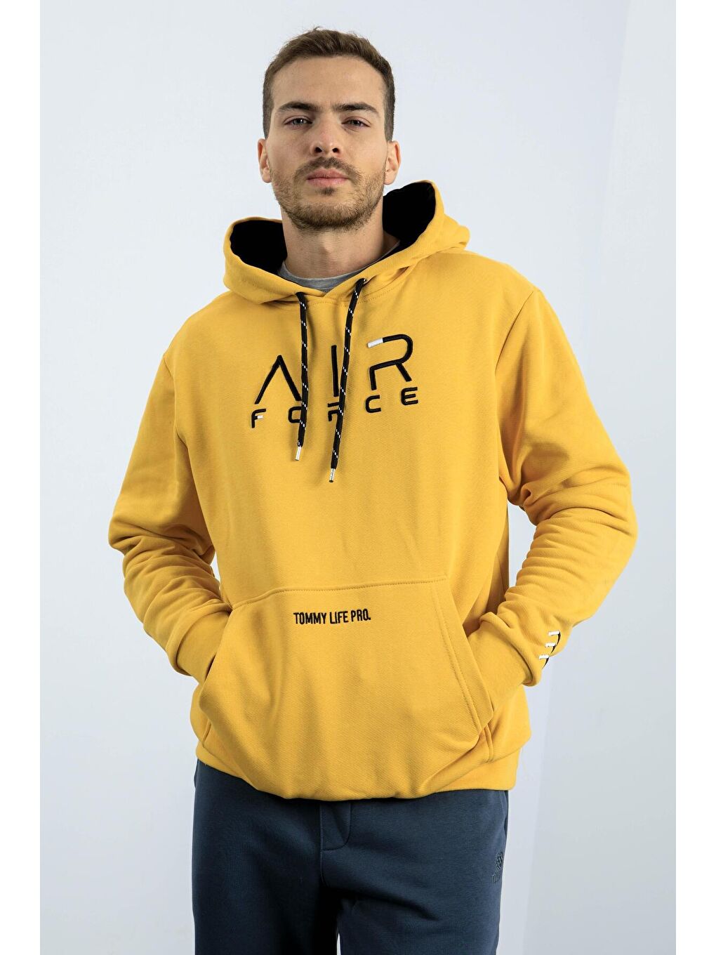 Sarı Hardal Yazı Nakışlı Standart Kalıp Kapüşonlu Erkek Sweatshirt - 87838