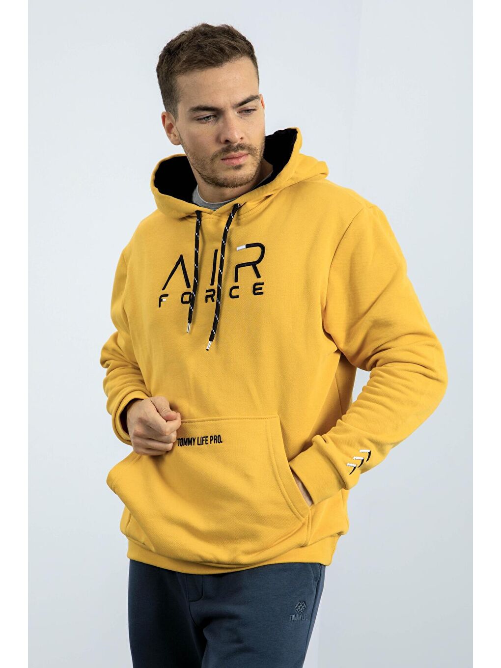 Sarı Hardal Yazı Nakışlı Standart Kalıp Kapüşonlu Erkek Sweatshirt - 87838-2