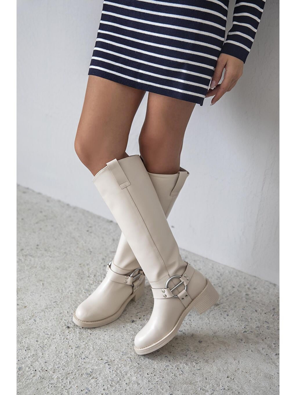 Legend Kadın Kemer Detay Binici  Deri   Çizme Bej-1