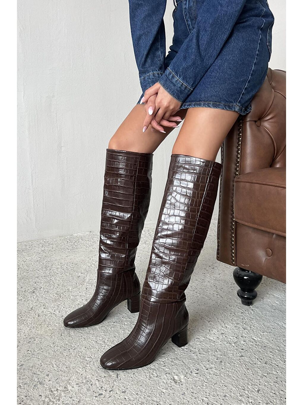 Kahverengi Moscow Kadın  Topuklu  Kroko Çizme Kahve-3