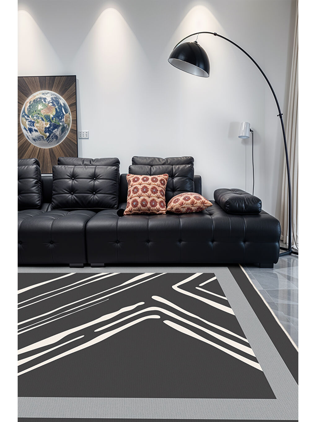 Gri Dekoratif Salon Halısı, Makinada Yıkanabilir, Kaymaz Taban, İnce & Modern Tasarım-1