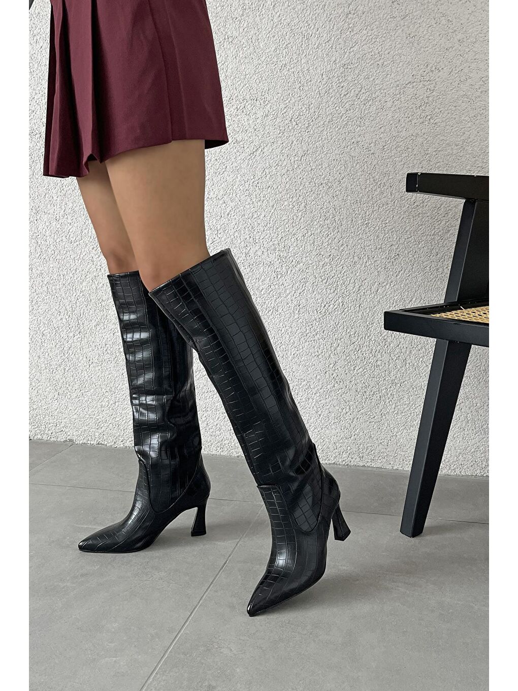 Santa Kadın Pino  Ökçe  Kroko  Deri  Çizme Siyah