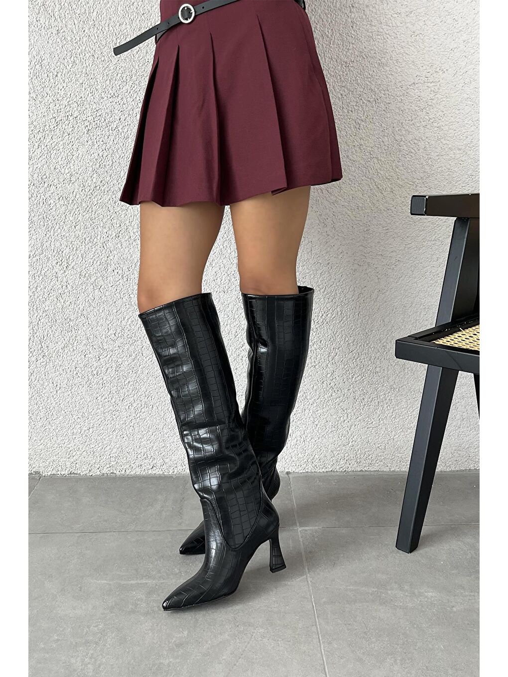 Santa Kadın Pino  Ökçe  Kroko  Deri  Çizme Siyah-1