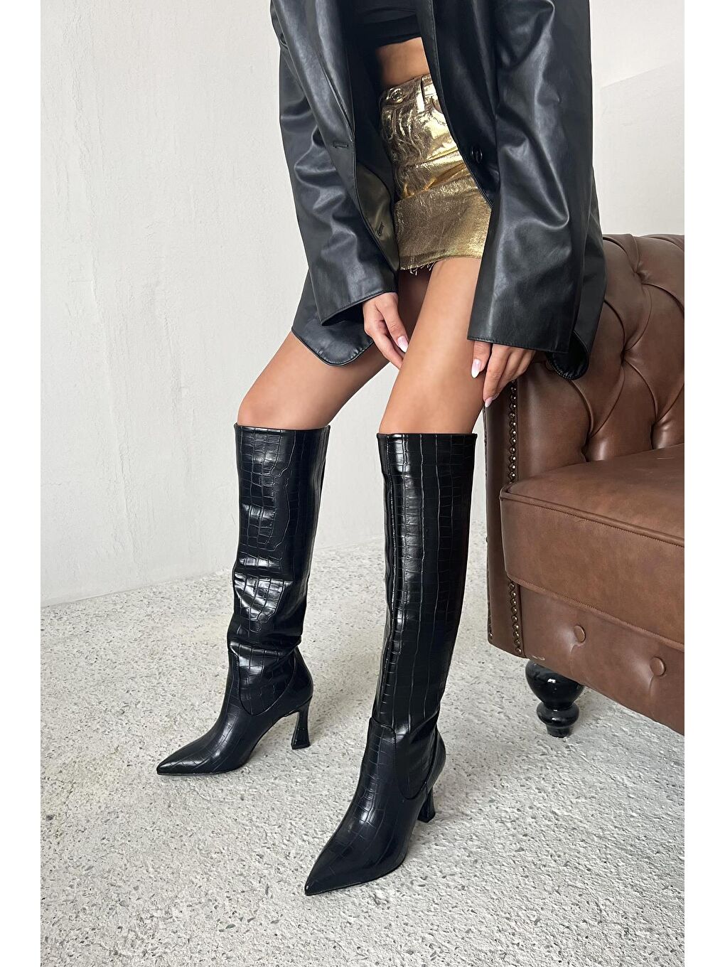 Santa Kadın Pino  Ökçe  Kroko  Deri  Çizme Siyah-3