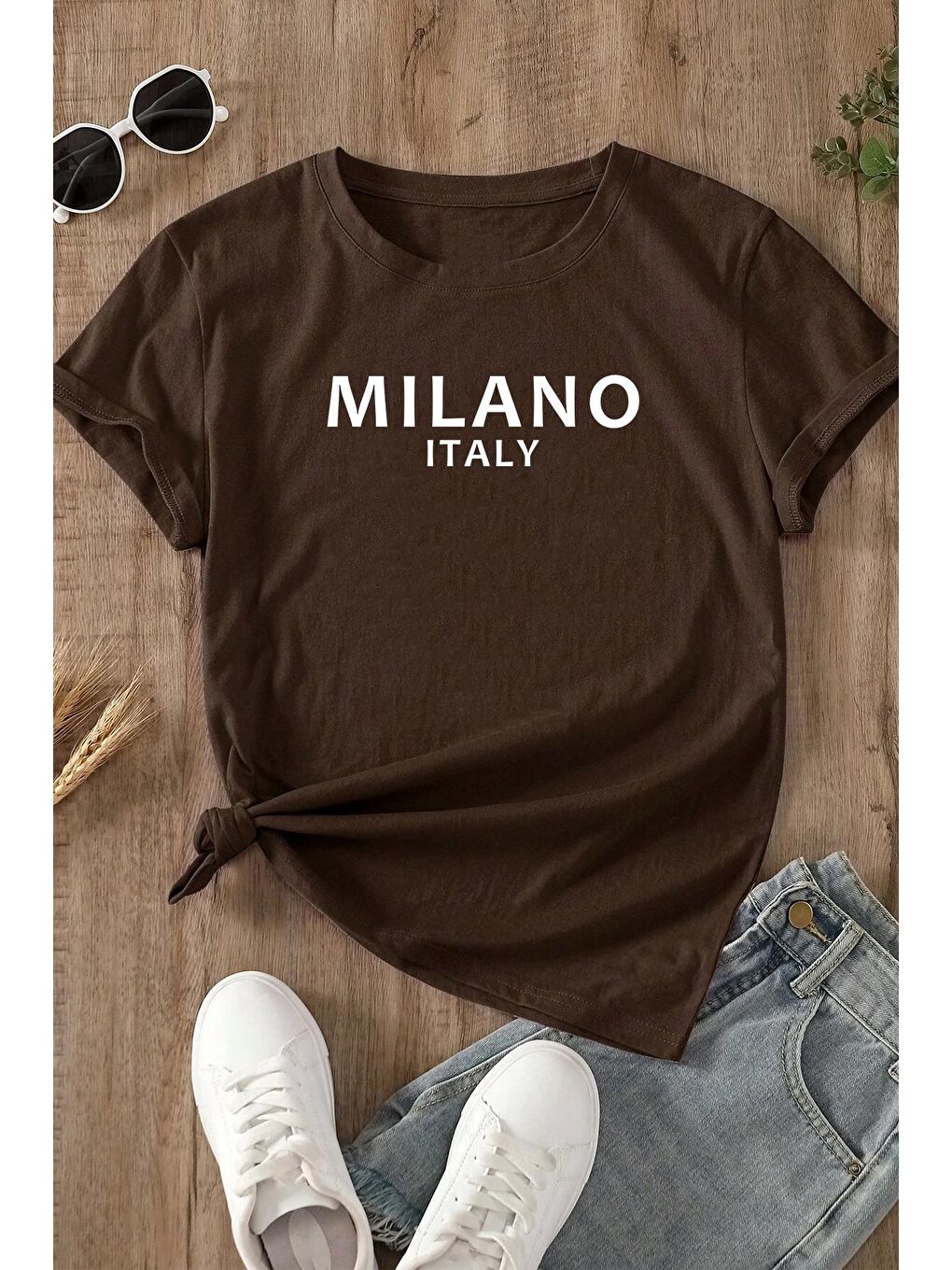 uyguntarz Açık Kahverengi Unisex Milano Baskılı Oversize T-shirt