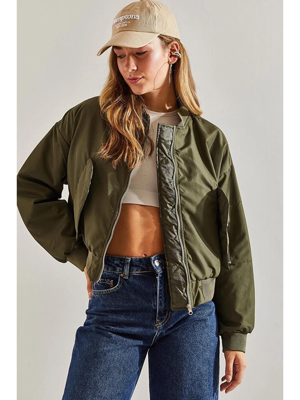 Haki Kadın Kolu Fermuarlı Bomber Mont-2