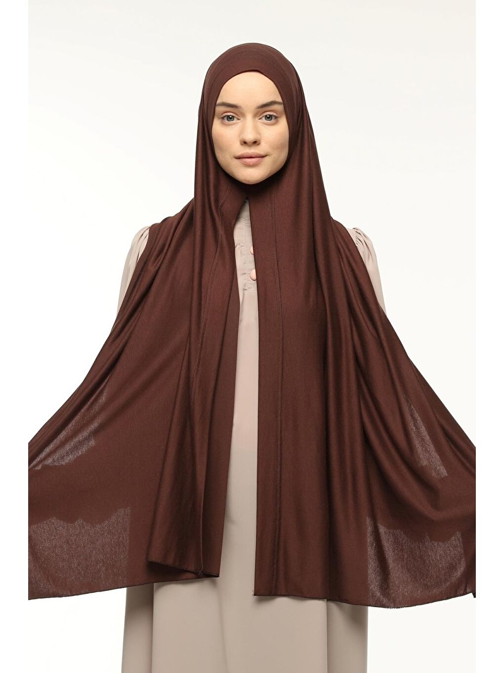 Kahverengi Hazır Pratik Geçmeli Lüks Organik Düz Penye Şal Eşit Hizalı-2