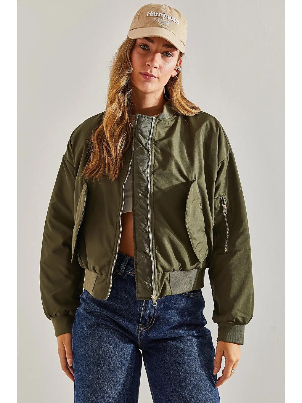 Haki Kadın Kolu Fermuarlı Bomber Mont-3