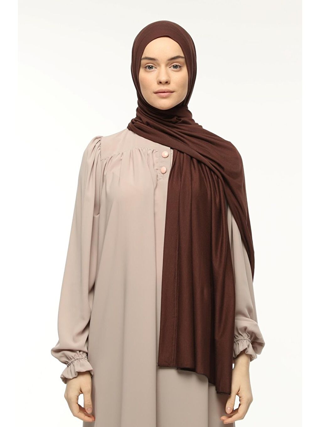 Kahverengi Hazır Pratik Geçmeli Lüks Organik Düz Penye Şal Eşit Hizalı-3