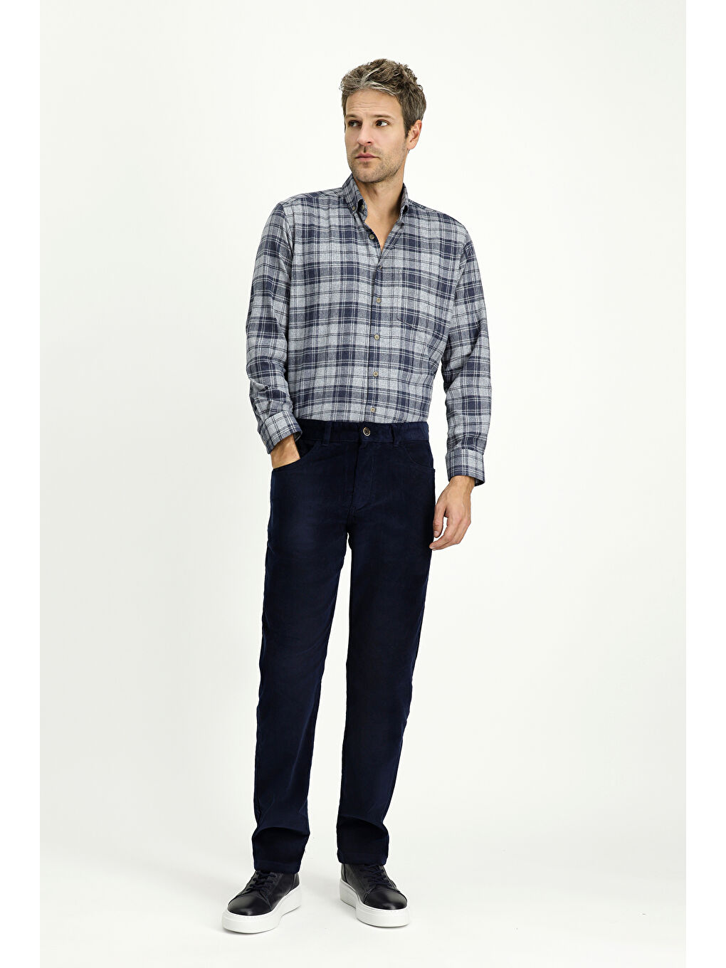 Lacivert Relax Fit Rahat Kesim Elastanlı Kadife Pantolon