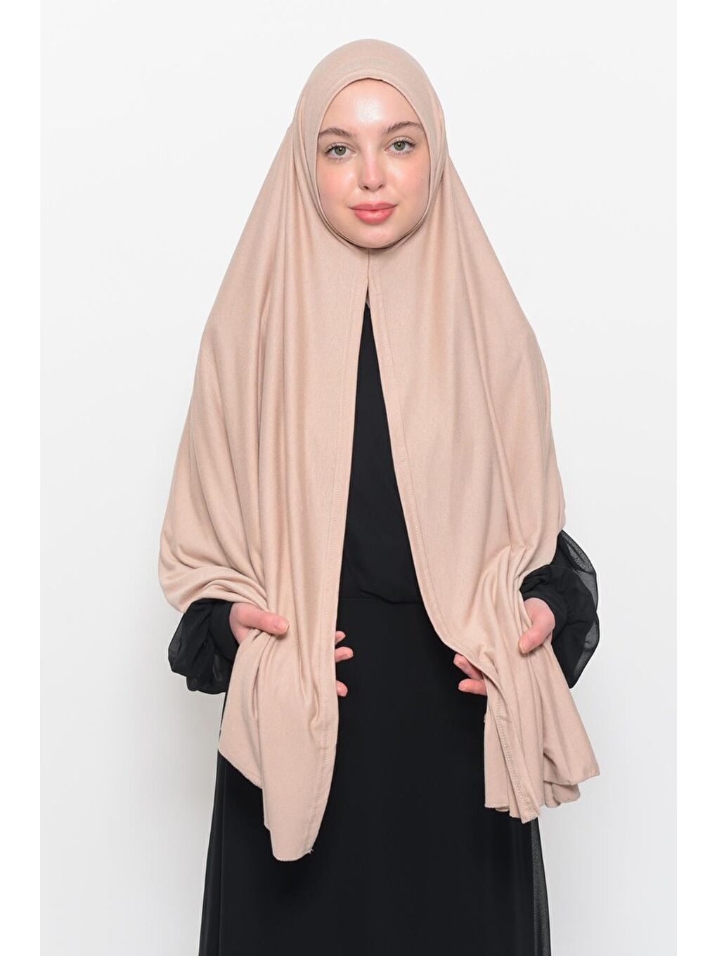 Bej Hazır Pratik Geçmeli Lüks Organik Düz Penye Şal Eşit Hizalı-1
