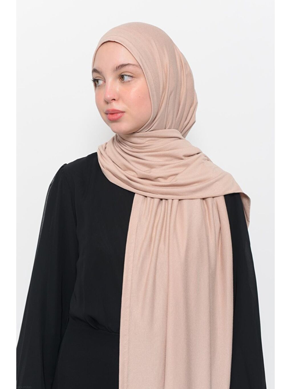 Bej Hazır Pratik Geçmeli Lüks Organik Düz Penye Şal Eşit Hizalı-4
