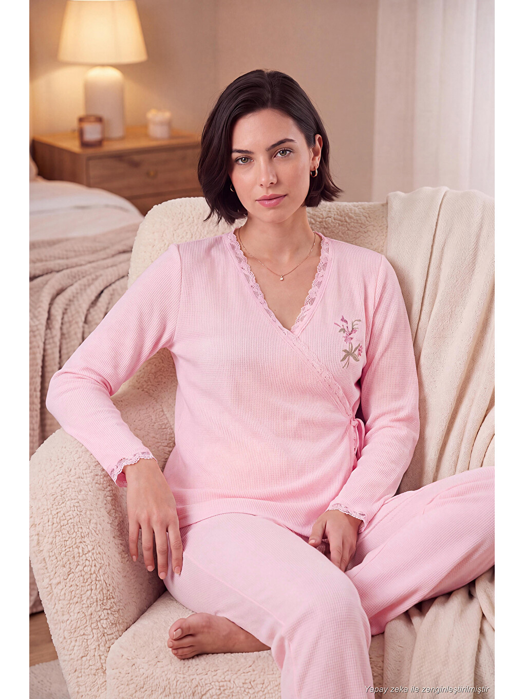 Pembe Desenli Dantel Detaylı Bağlamalı Uzun Kollu Kadın Pijama Takımı 6575024