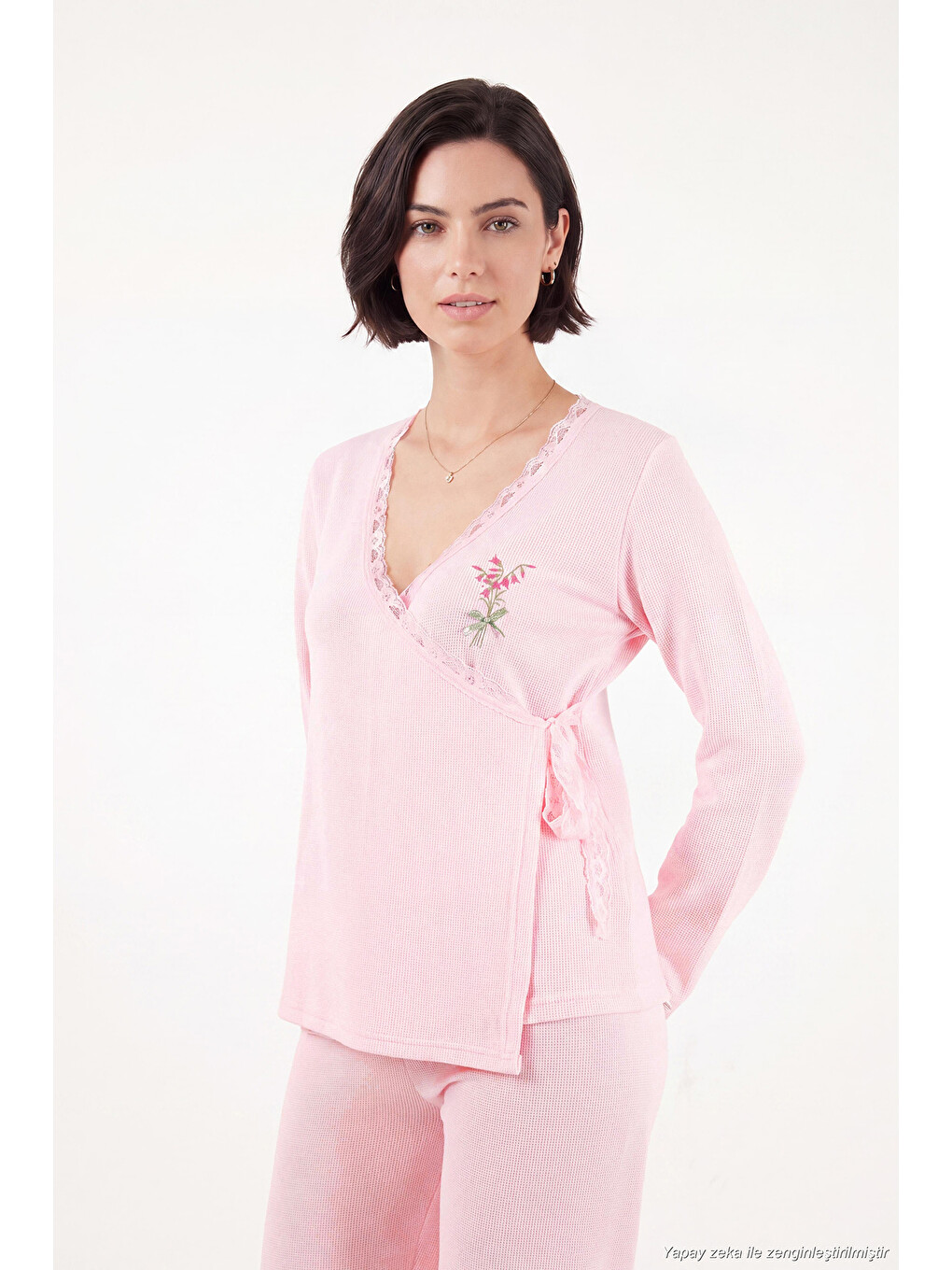 Pembe Desenli Dantel Detaylı Bağlamalı Uzun Kollu Kadın Pijama Takımı 6575024-2