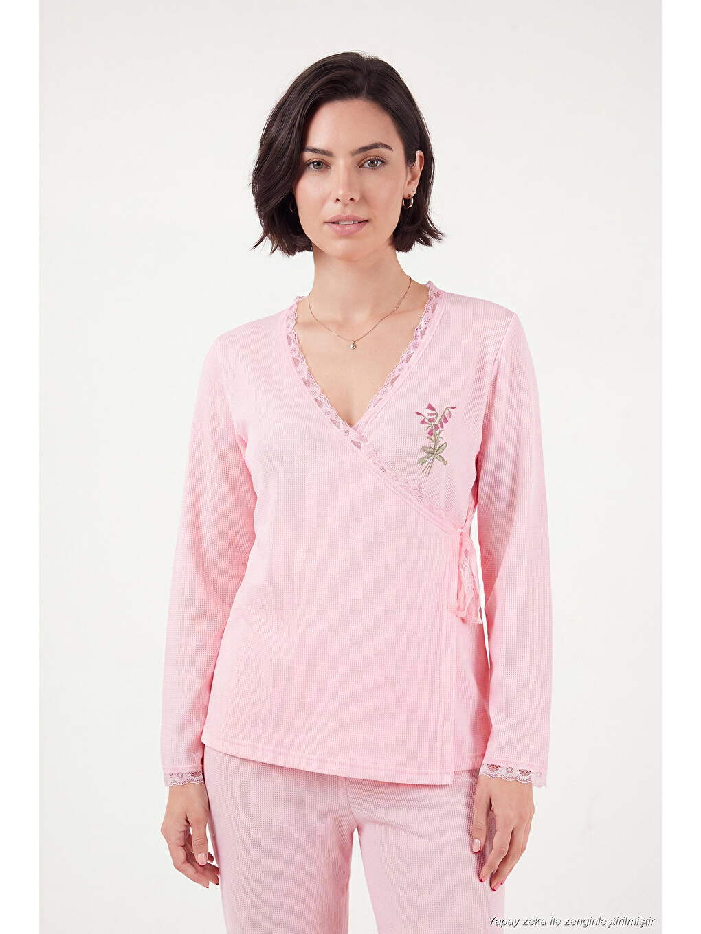 Pembe Desenli Dantel Detaylı Bağlamalı Uzun Kollu Kadın Pijama Takımı 6575024-3