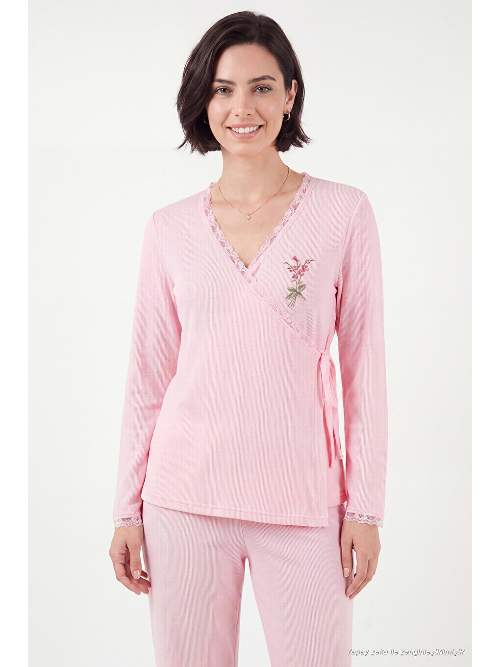 Pembe Desenli Dantel Detaylı Bağlamalı Uzun Kollu Kadın Pijama Takımı 6575024-5