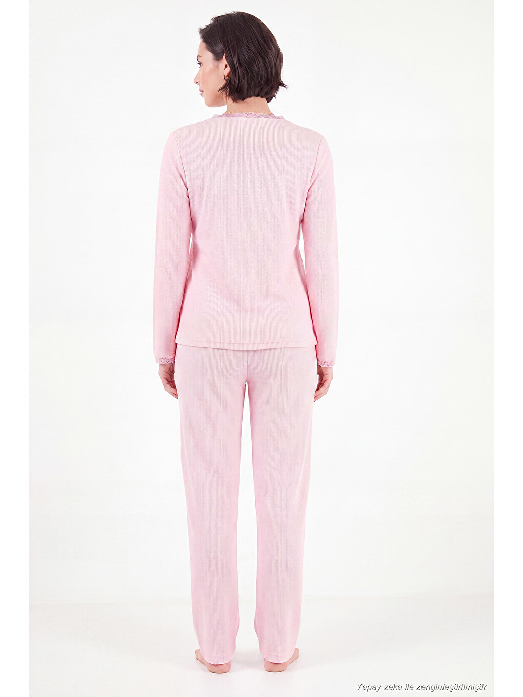 Pembe Desenli Dantel Detaylı Bağlamalı Uzun Kollu Kadın Pijama Takımı 6575024-6