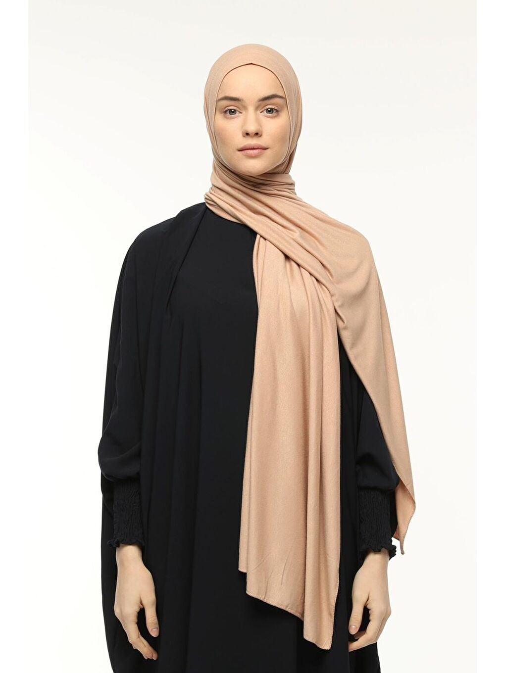 Bej Hazır Pratik Geçmeli Lüks Organik Düz Penye Şal Eşit Hizalı-3