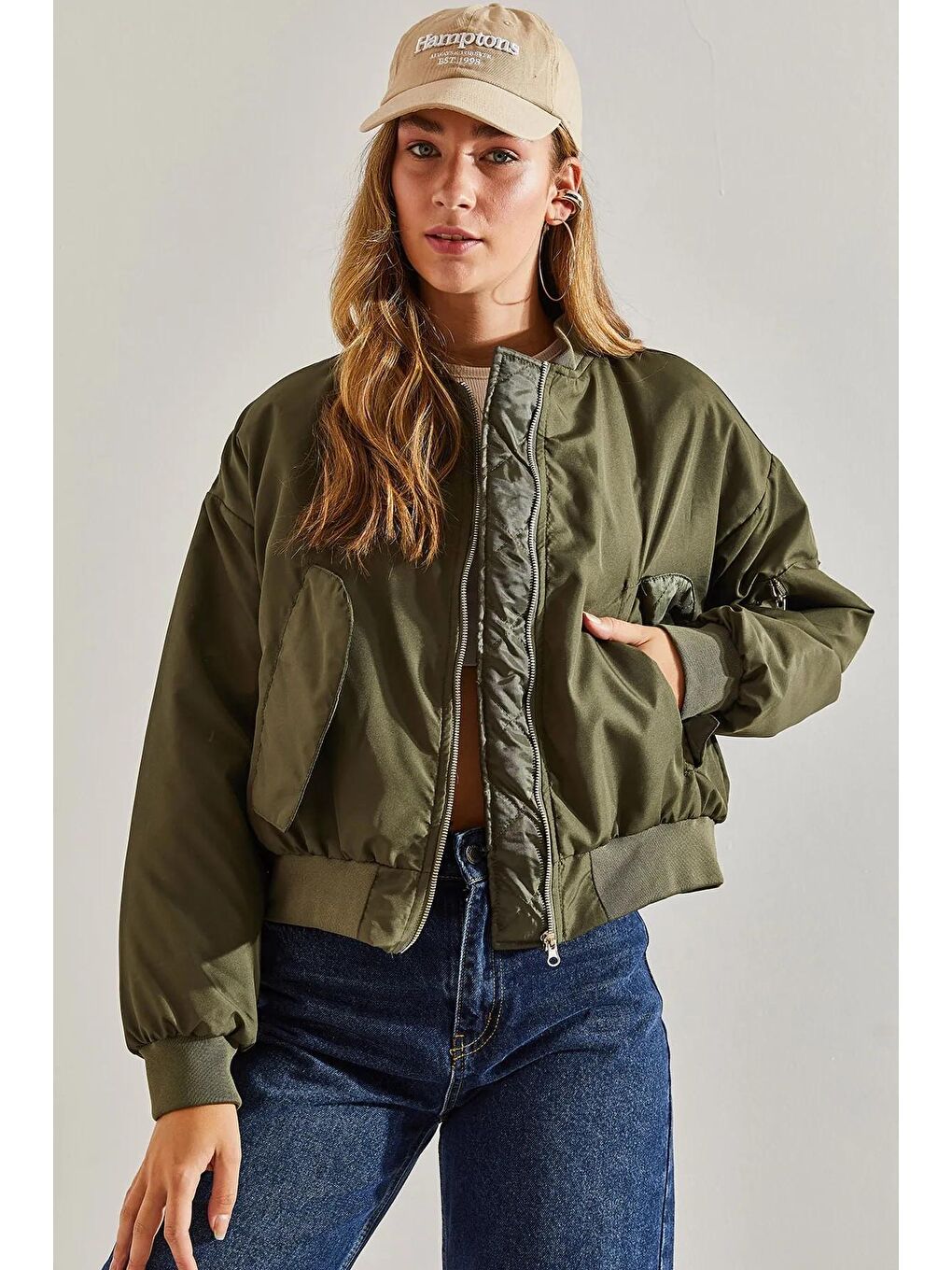 Haki Kadın Kolu Fermuarlı Bomber Mont-4
