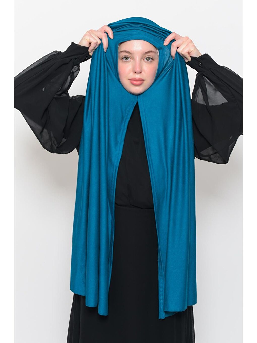 Petrol Hazır Pratik Geçmeli Lüks Organik Düz Penye Şal Eşit Hizalı