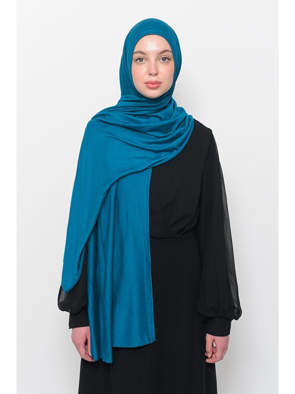 Petrol Hazır Pratik Geçmeli Lüks Organik Düz Penye Şal Eşit Hizalı-3