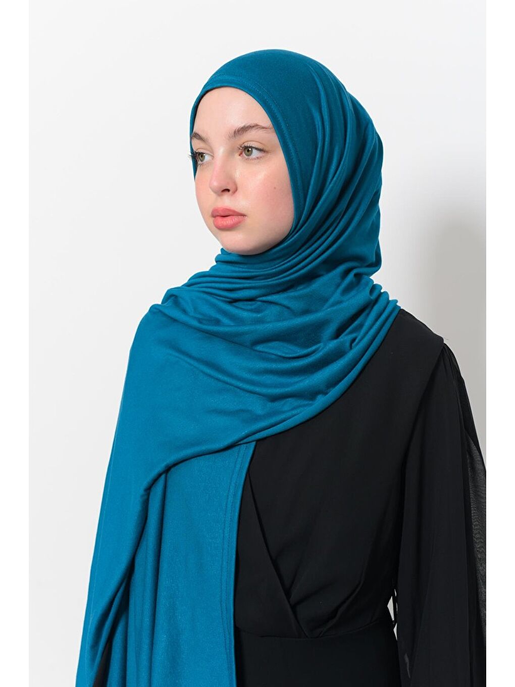 Petrol Hazır Pratik Geçmeli Lüks Organik Düz Penye Şal Eşit Hizalı-4