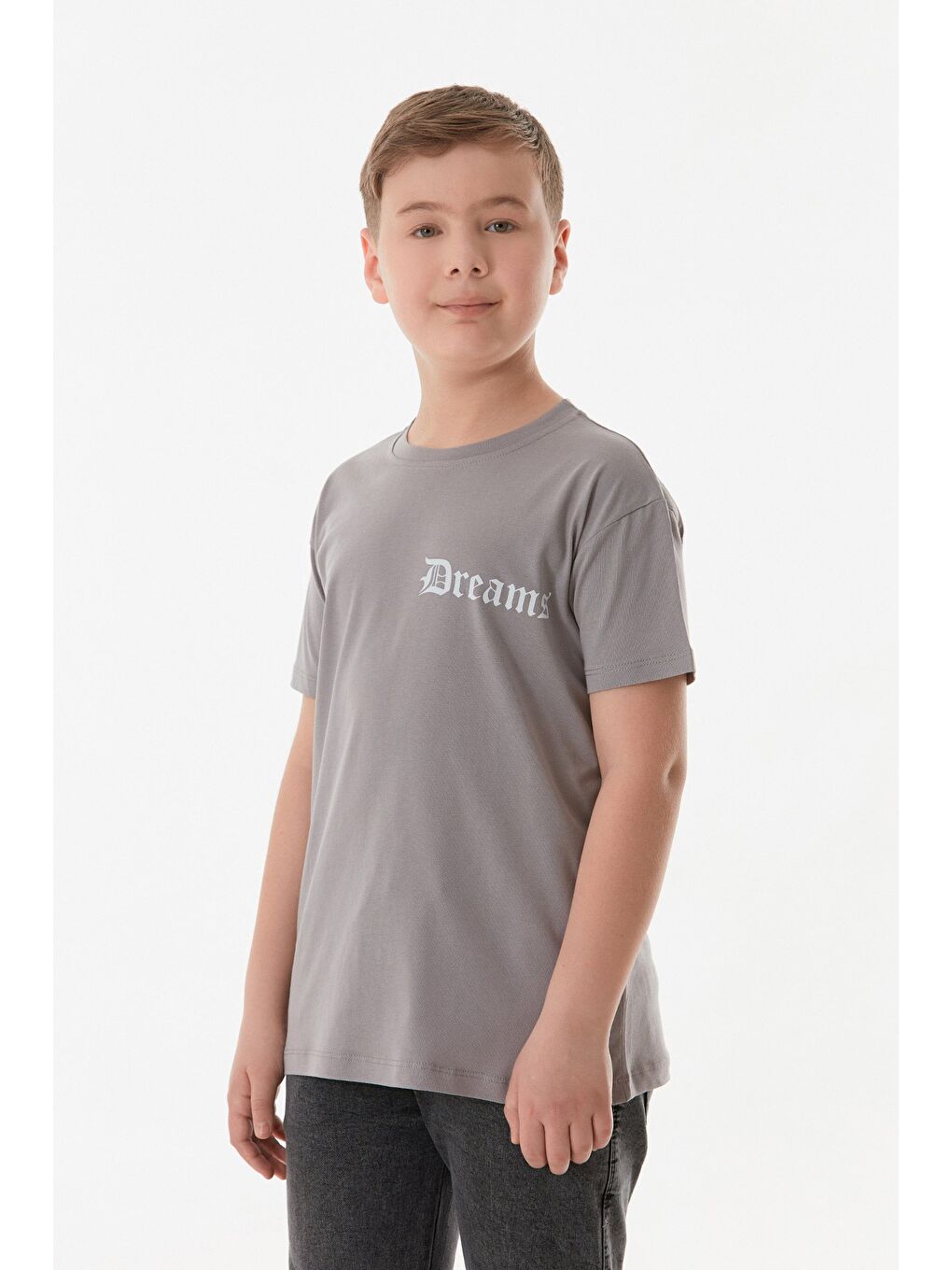 Gri Dreams Yazı Baskılı Bisiklet Yaka Erkek Çocuk Tişört-1