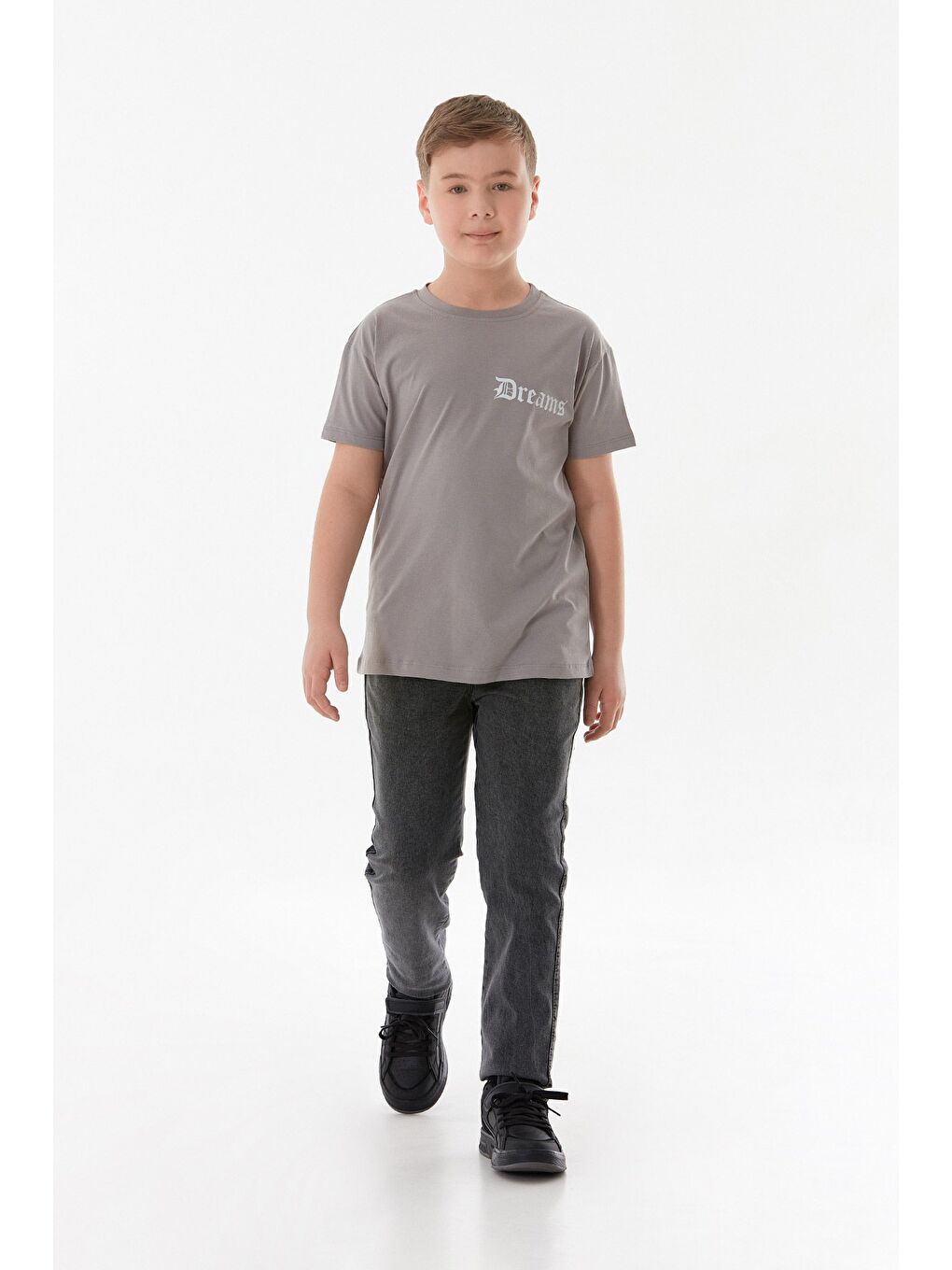 Gri Dreams Yazı Baskılı Bisiklet Yaka Erkek Çocuk Tişört-3