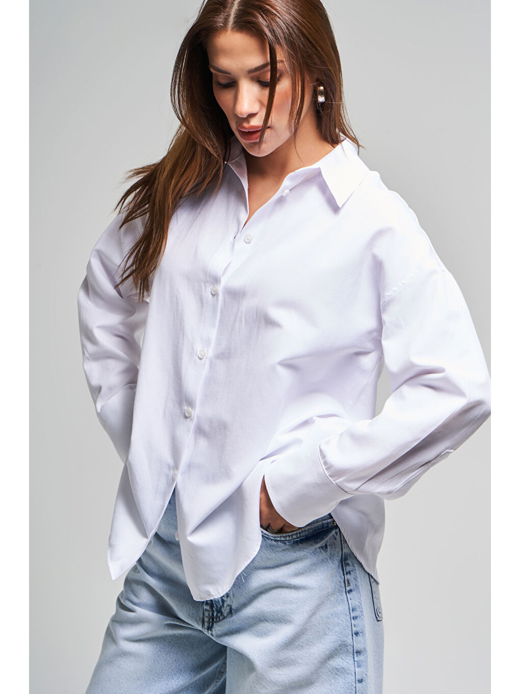 Kadın Beyaz Renk s5-2 %100 Pamuk Oversize Gömlek