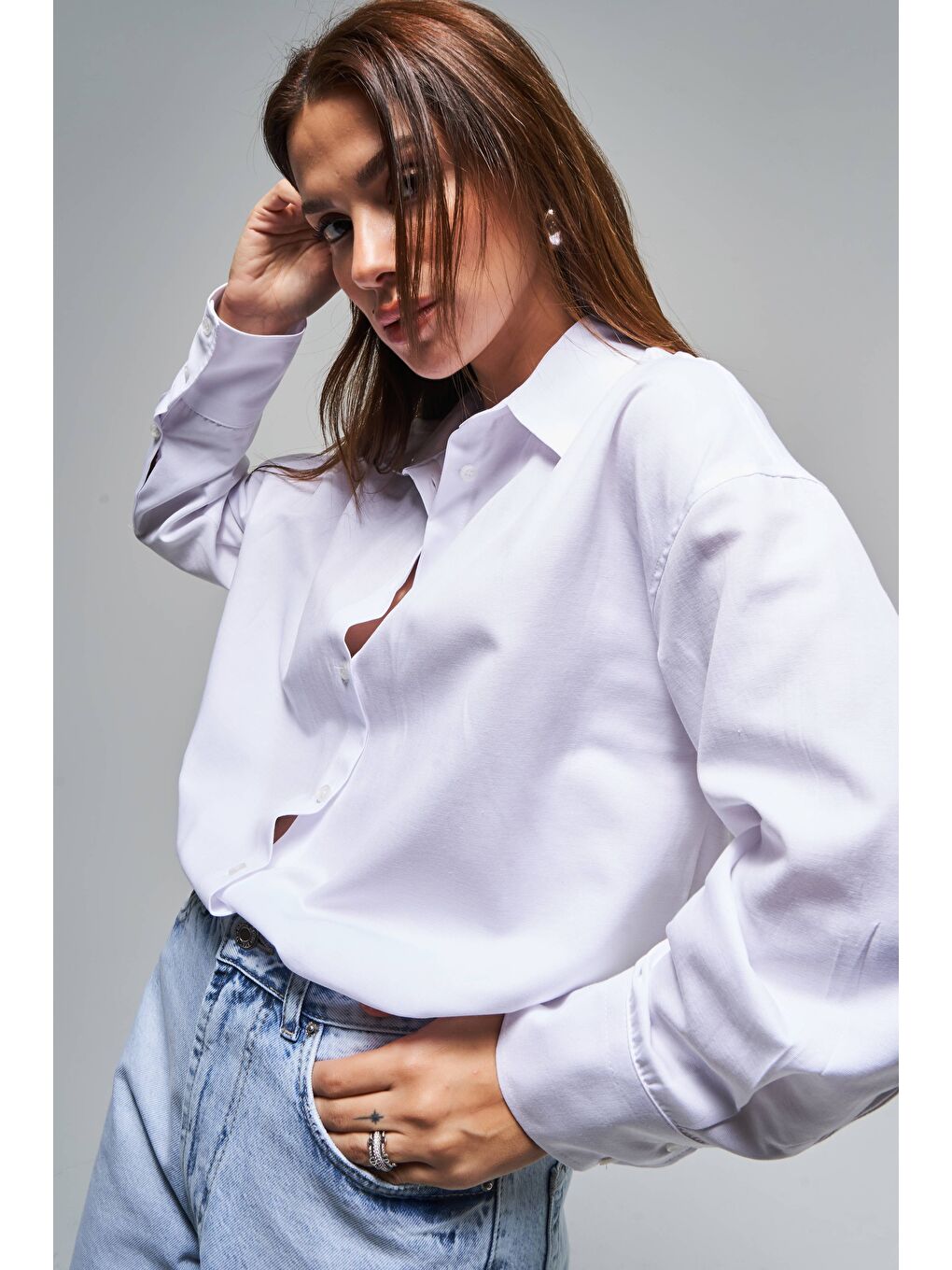 Kadın Beyaz Renk s5-2 %100 Pamuk Oversize Gömlek-1