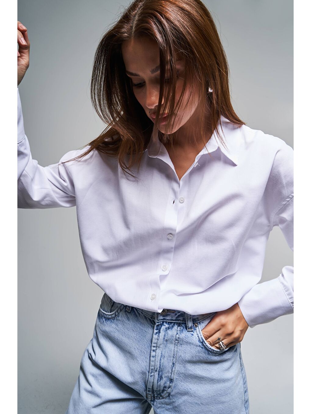 Kadın Beyaz Renk s5-2 %100 Pamuk Oversize Gömlek-2