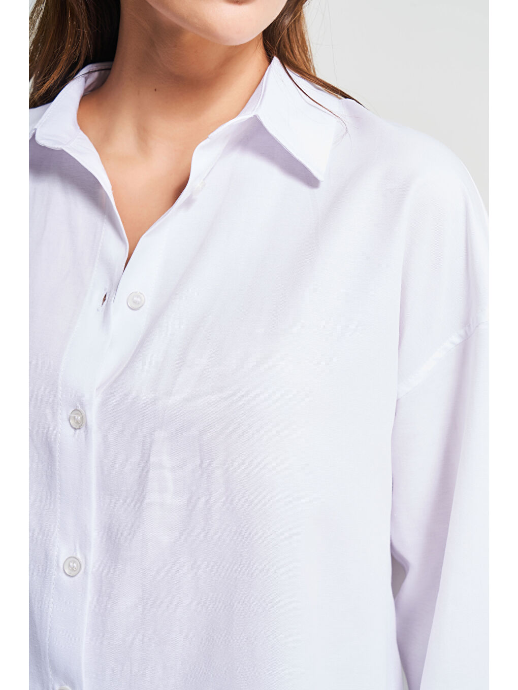 Kadın Beyaz Renk s5-2 %100 Pamuk Oversize Gömlek-3