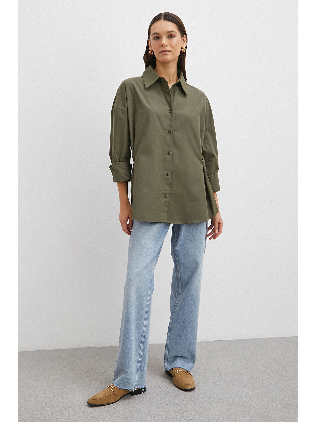 Düğme Detaylı Pamuklu Gömlek Haki-1